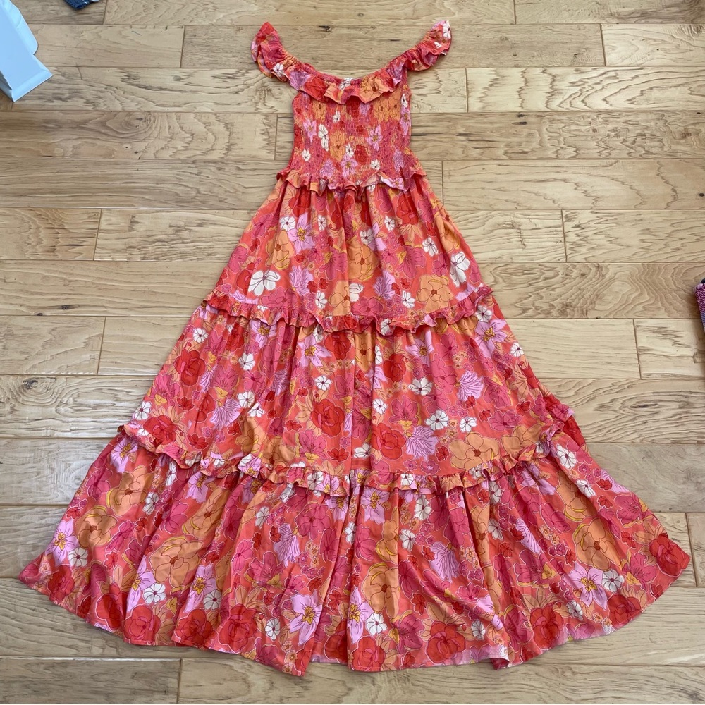 Abel the Label Off The Shoulder Ruffle Maxi Dress Pink Orange Floral Size Small - Picture 3 of 10